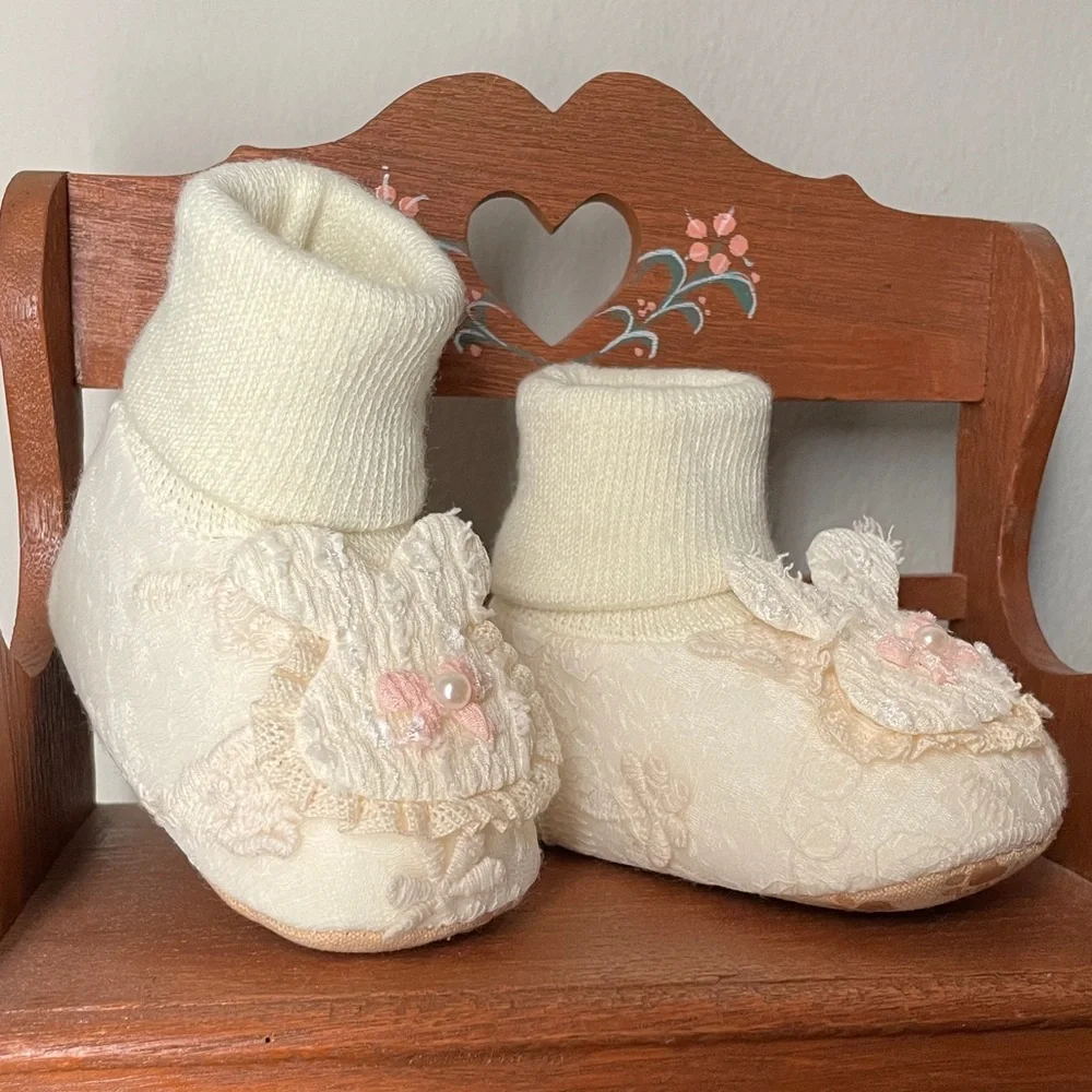 Adorable Cream Baby Slippers with Lace